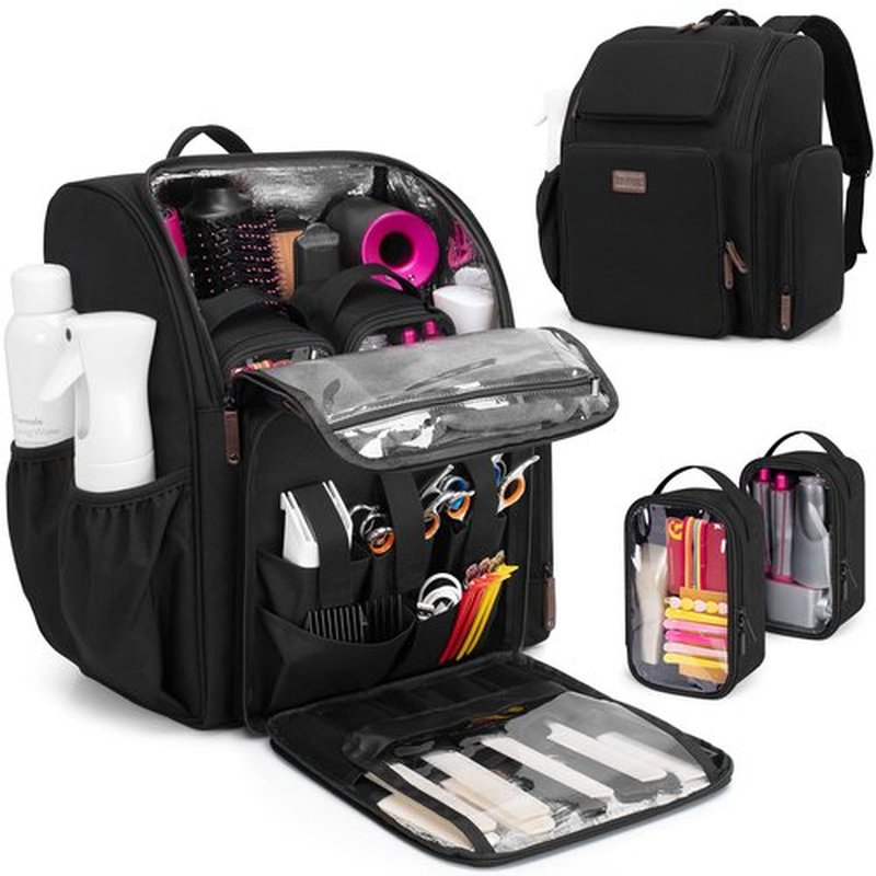 BAFASO Large Capacity Insulated Barber Case with a Semi Detachable Divider and 2 Removable Pouches, Hairstylist Traveling Bag with Multiple Pockets Holds Barber Styling Tools, Black