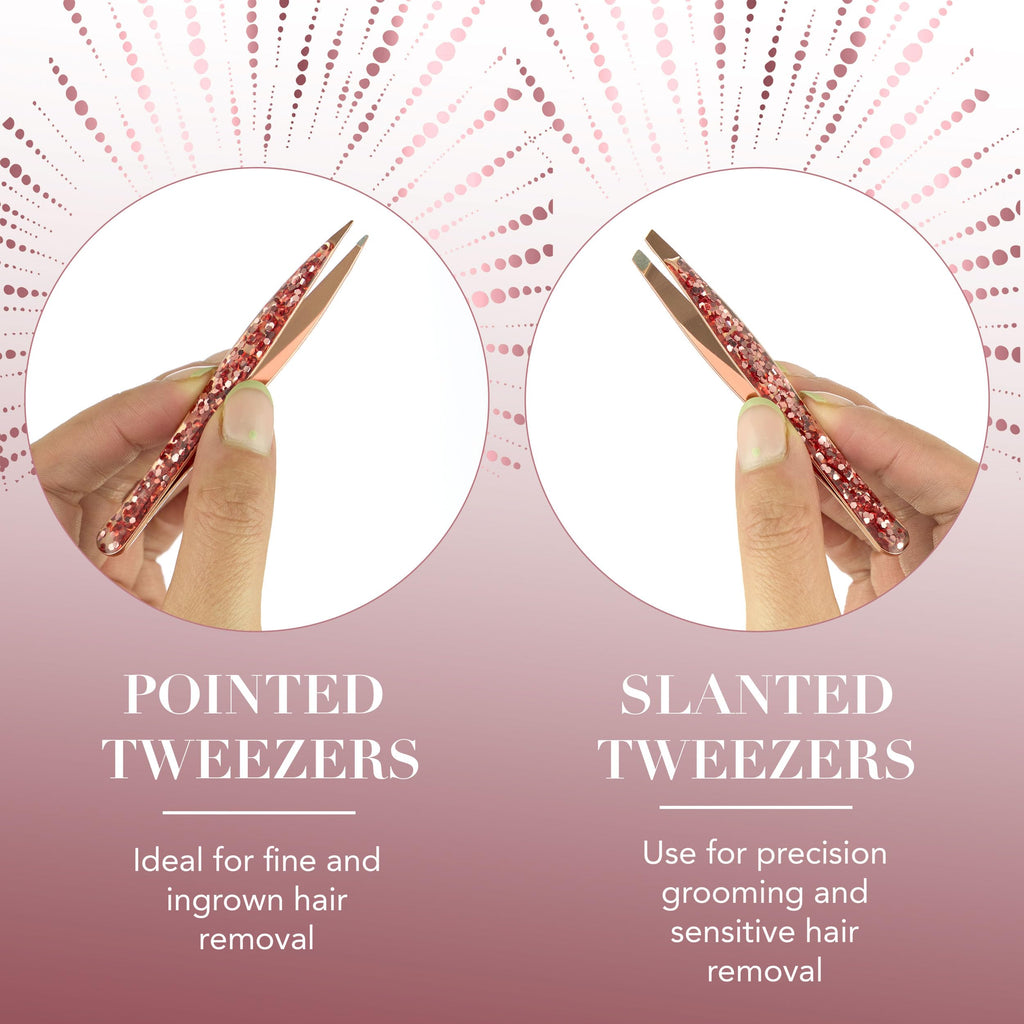 2pc Rose Gold Glitter Tweezer Set - Pointed & Slanted Precision Tweezers