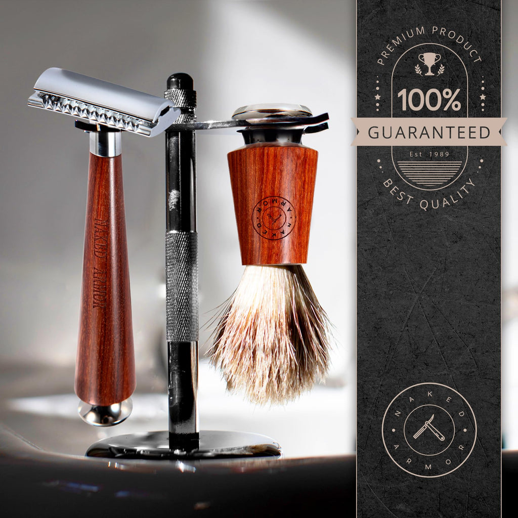 Naked Armor Safety Razor Set for Men – Mahogany Wood Double Edge Razor with Brush, Stand, Bowl, and Organic Soap, Complete Wet Shaving Gift Set