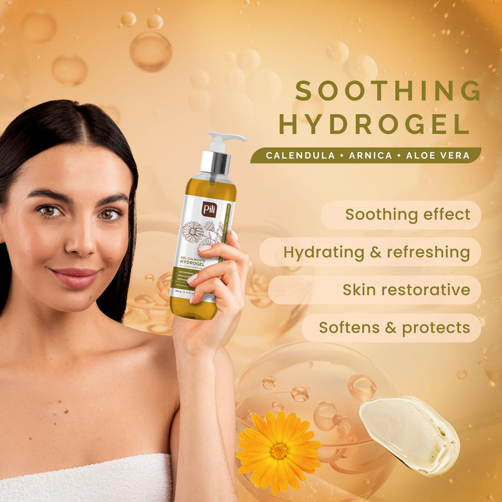 Pili Hydrogel | Face and body Skin Soothing Gel with Arnica, Calendula, Centella Asiatica and Aloe Vera extracts | Multi use calendula gel | Parabens and Alcohol Free | (8.8 Ounce (Pack of 1))