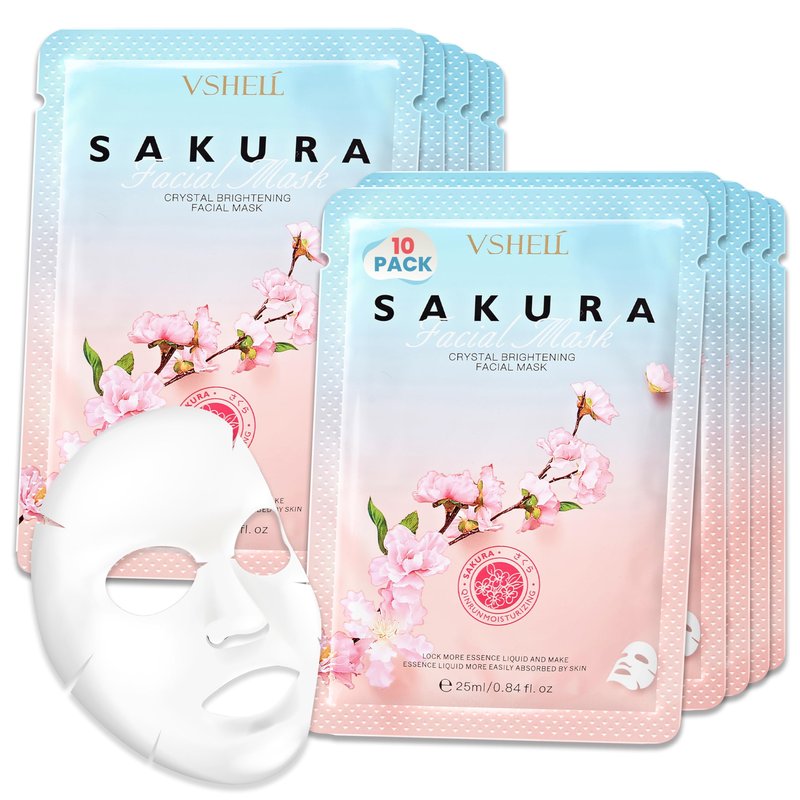 VSHELL Sakura Brightening Sheet Mask (10 Pack) – Hydrating Face Masks with Sakura Extract & Arbutin – Helps Improve the Look of Dullness, Dark Spots & Uneven Tone – Gentle for Sensitive Skin