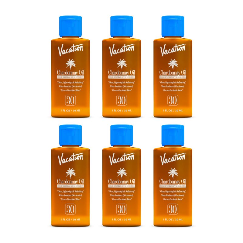 Vacation Mini Chardonnay Oil SPF 30, Hydrating & Nourishing Sunscreen Oil, Lightweight, Transparent on All Skin Tones, Water-Resistant, Travel Size Sunscreen, 1 Fl. Oz. (Value Pack of 6)