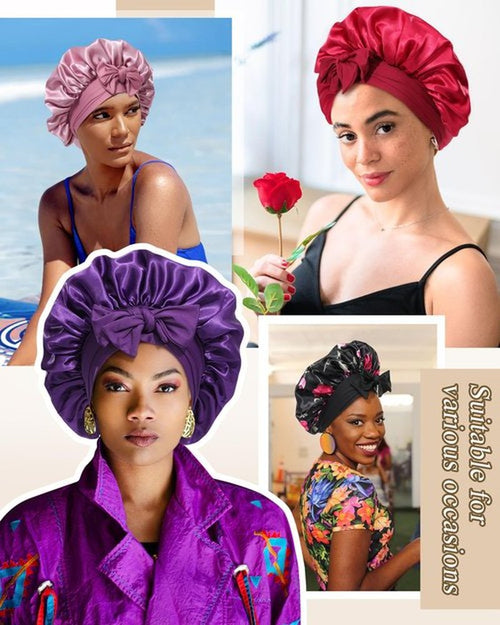 2 PCS Satin Bonnet Hair Bonnet for Sleeping Women Satin Hair Wrap with Elastic Tie Band Sleep Night Cap for Curly Hair (Bean Paste+Pink)