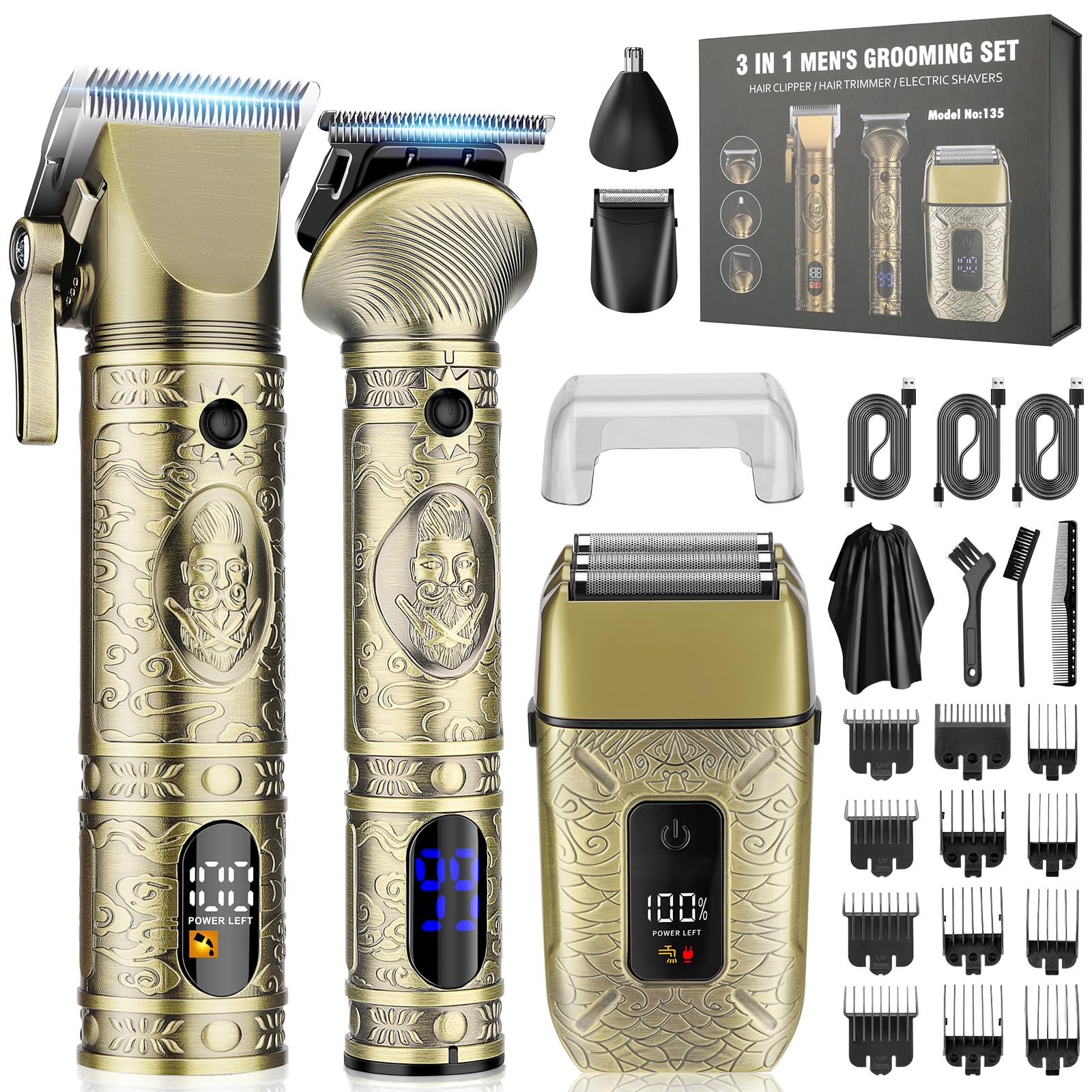 Dumite Professional Hair Clippers for Men,3 in 1 T-Blade Trimmer,Nose Hair Electric Shavers,Cordless Barber Clippers, Bald Hairdressing and Razor Shavers Set Hair Cutting Kit Gift for Men