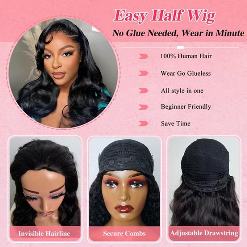 olimaruly Half Wig Human Hair Body Wave Natural Black Drawstring Invisible Hairline Glueless Wear and Go Seamless Clip Ins Flip Over Human Hair Half Wigs for Black Women 18 Inch