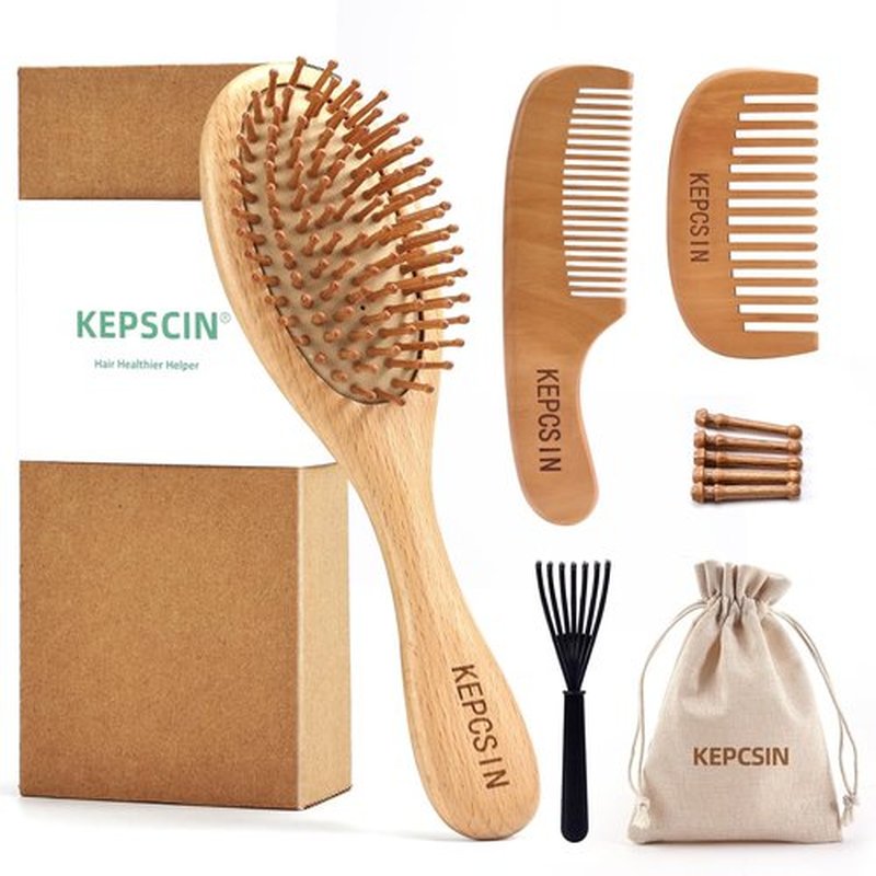 KEPCSIN 3PCS Wooden Hair Brush Set for Hair Growth, Natural Small Wood Comb Detangling Massage Scalp, Wide Tooth Pocket Comb No Bristle for Thick/Thin/Curly/Dry Hair, Gift for Women/Men