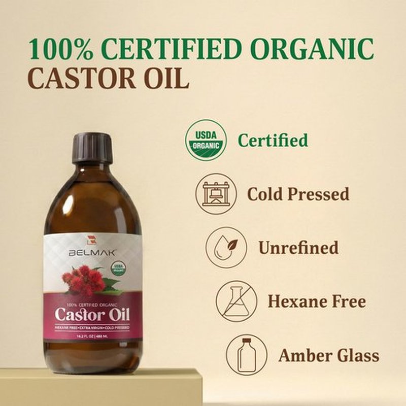 BELMAK Organic Castor Oil Cold Pressed Unrefined, USDA Certified & Hexane Free, 100% Pure Ricinus Communis Oil for Hair, Scalp, Brows and Lashes in Amber Glass Bottle (16.2 oz)