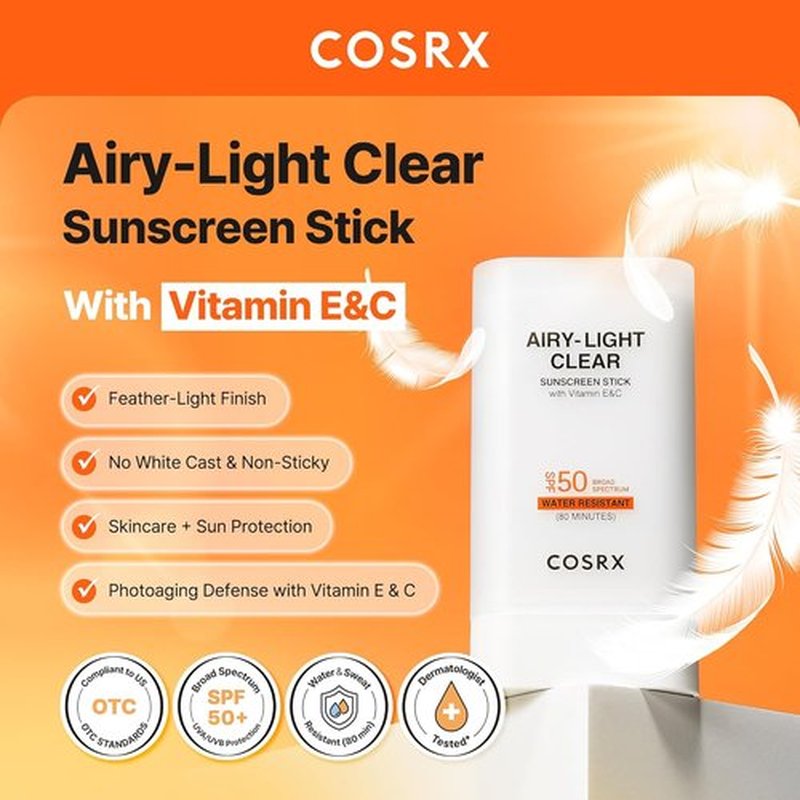 COSRX Airy-Light Clear Sunscreen Stick - SPF 50, Lightweight & Water-Resistant, No White Cast, 0.67 oz