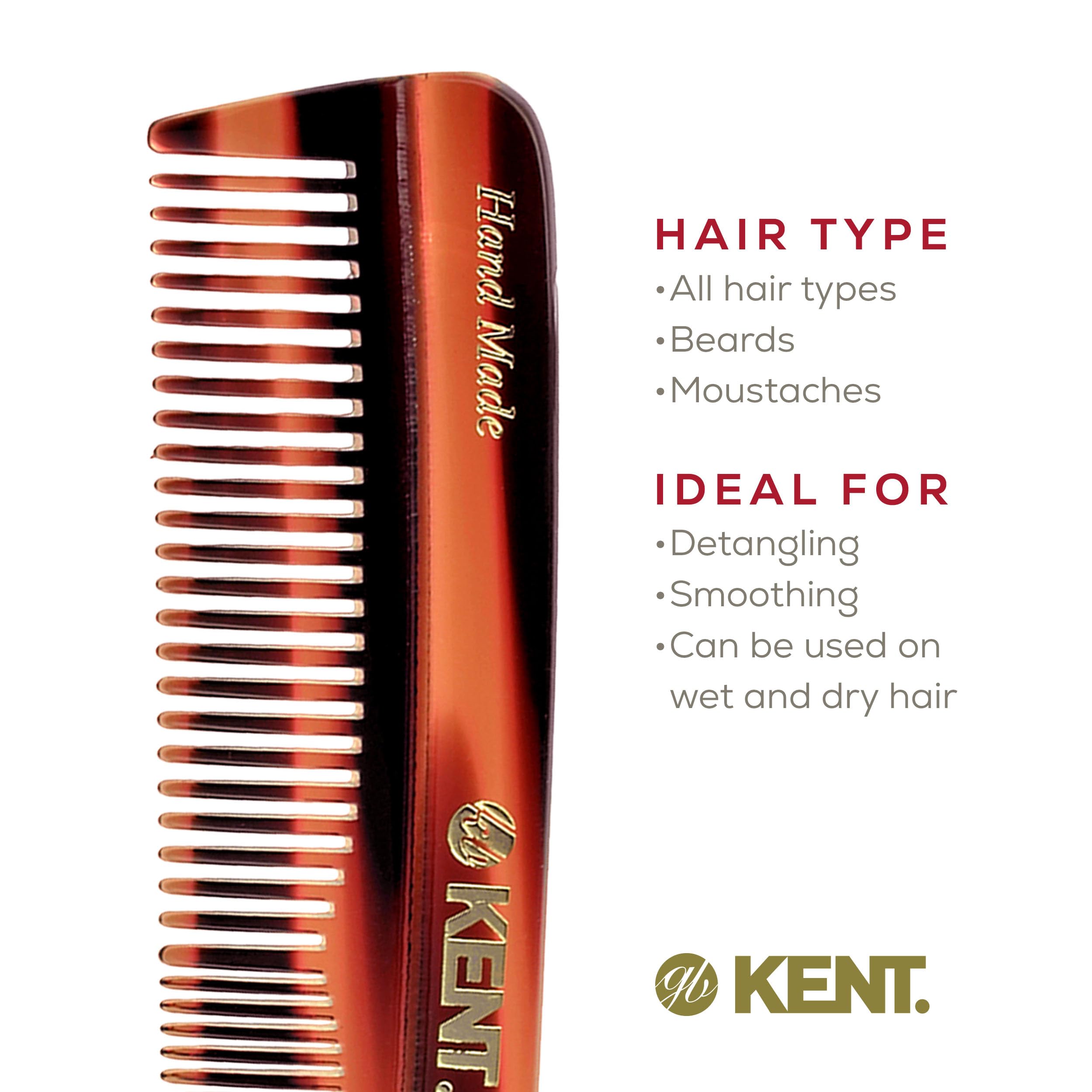 Kent R7T Fine and Wide Tooth Hair Comb, Pocket Comb for Men, Best Beard and Mustache Comb for Everyday Grooming and Styling, Handmade Sawcut and Polished, Made in England