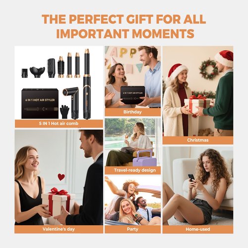 6 in 1 Hair Dryer Brush, Foldable Blow Dryer Brush with Air Styler Curler Wrap, Detachable Hot Air Brush Dry,Volumize, Straight,Curl, Negative Ion Brush Blow Dryer with Diffuser, Hair Styler Tools