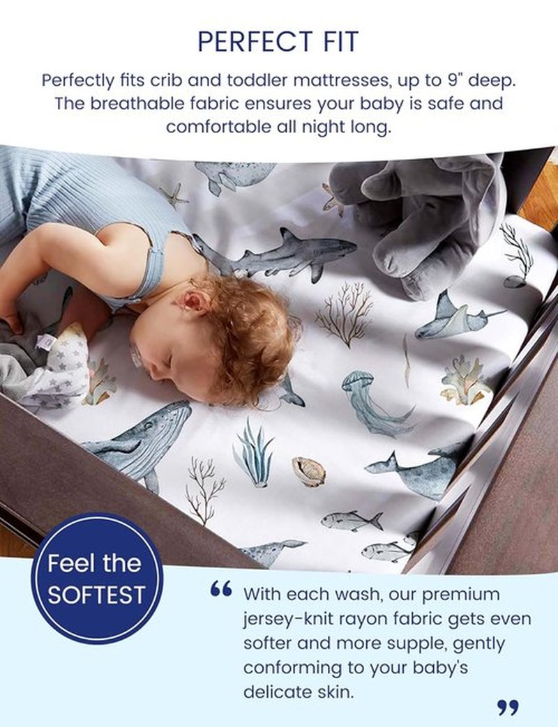 TotAha Crib Sheets | Premium Soft Jersey Knit Baby Sheets | Extra Deep Pocket 28x52x9 | 2 Pack (Sea Animal)