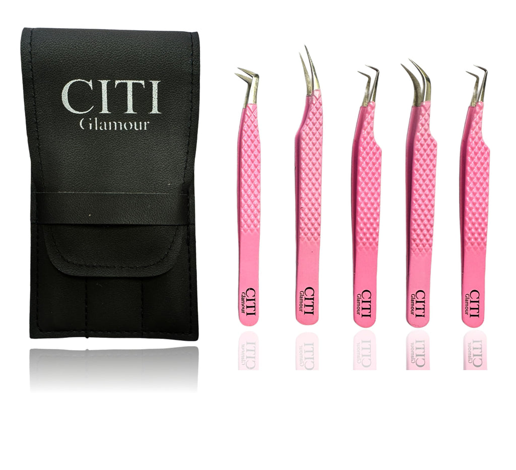 CITI GLAMOUR Lash Tweezers For Eye Lash Extension set of 5 Precise Fiber Tip with Diamond Grip Complete set for Volume Lashes Pink
