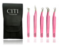CITI GLAMOUR Lash Tweezers For Eye Lash Extension set of 5 Precise Fiber Tip with Diamond Grip Complete set for Volume Lashes Pink