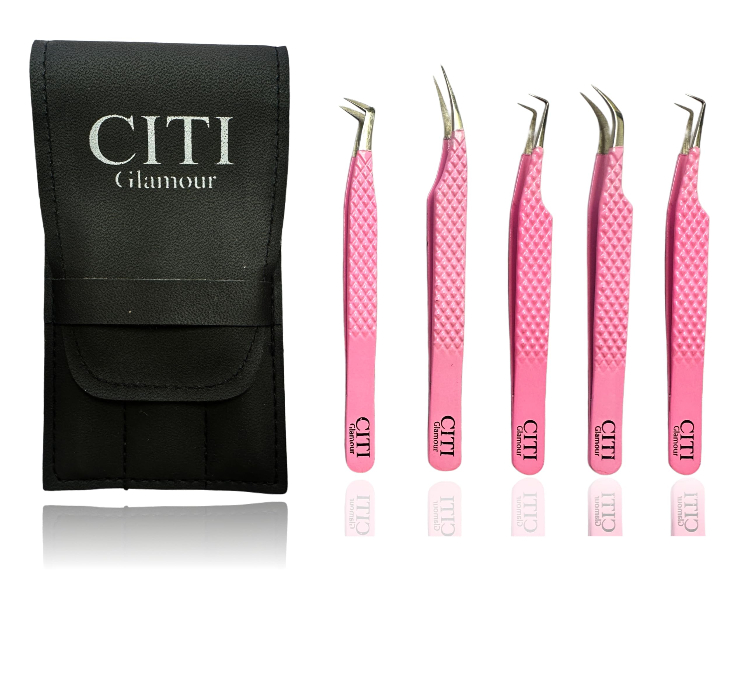 CITI GLAMOUR Lash Tweezers For Eye Lash Extension set of 5 Precise Fiber Tip with Diamond Grip Complete set for Volume Lashes Pink