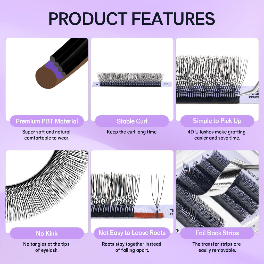 Natuhana 4D U Shape Lash Extensions Easy Fan Russian Volume U Eyelash C/D Curl 0.07mm Natural U Shaped 12 Rows Premade Eye Lashes Supply(Black,0.07C,8-14mm)