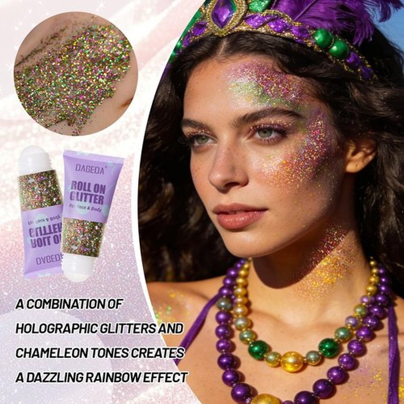 DAGEDA Mardi Gras Roll-on Body Glitter,Holographic Face Hair Glitter Gel for Mardi Gras Accessories,Green Purple Gold Sequins Body Shimmer Makeup Carnival Outfits Accessories for Women 50ml