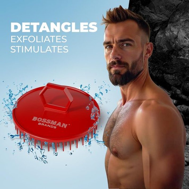 Bossman Scalp Massager & Shampoo Brush - 3 Inch Red Exfoliator for Hair & Beard Care with Firm Bristles