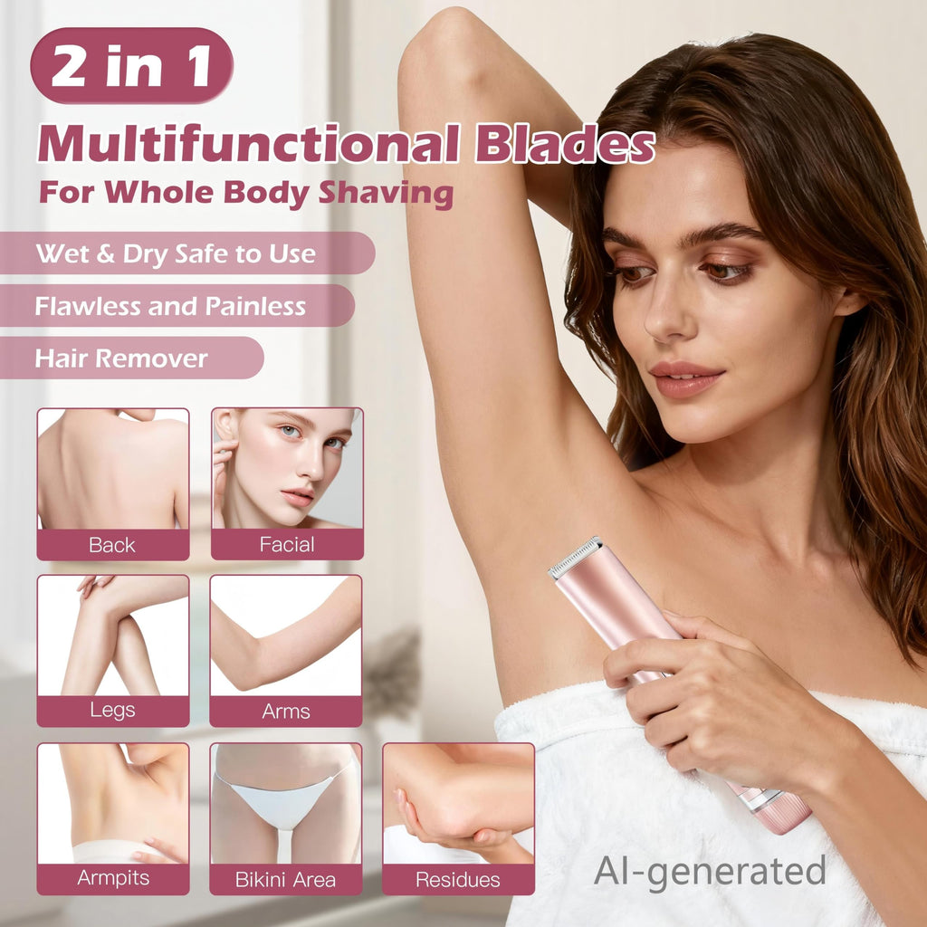 MINYUGUT 2 in 1 Dual Head Bikini Trimmer for Women, Women Electric Shaver IPX7 Waterproof Wet & Dry Use Body Hair Trimmer and Facial Hair Remover Cordless Body Shaver for Bikini Underarm Leg Arm Face