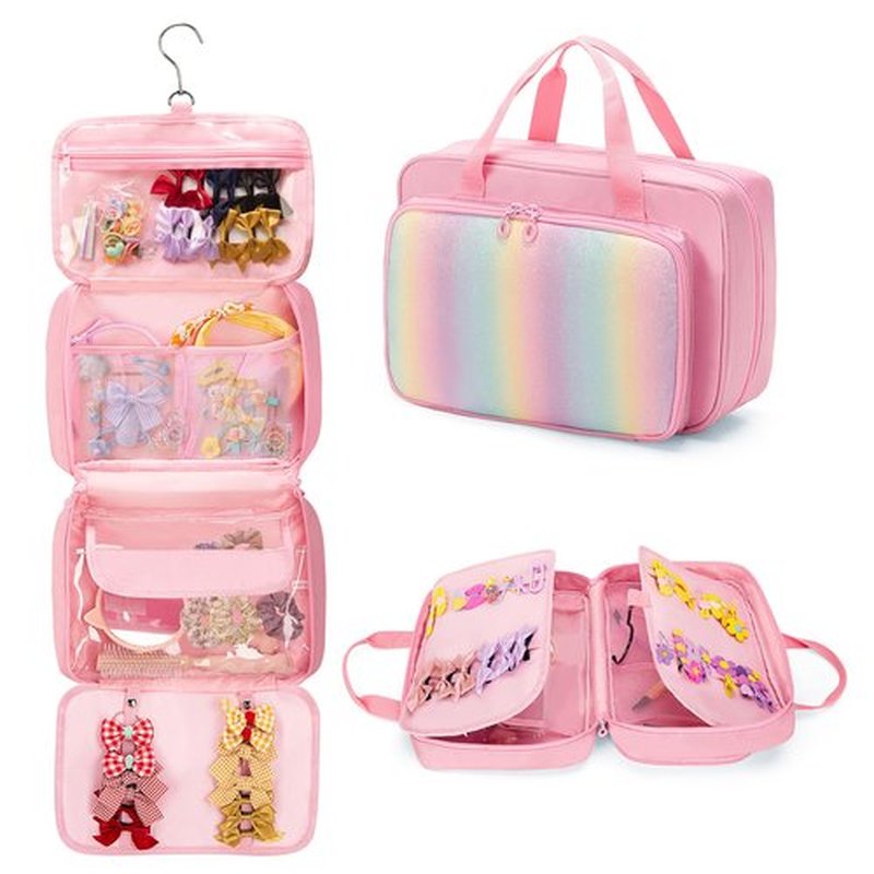 GRAOSO Hanging Hair Accessories Organizer for Baby Girls, Hair Bow Storage Bag, Travel Hair Stuff Case for Hair Clips, Hair Ties, Headbands, Scrunchies, Pink (Bag only)