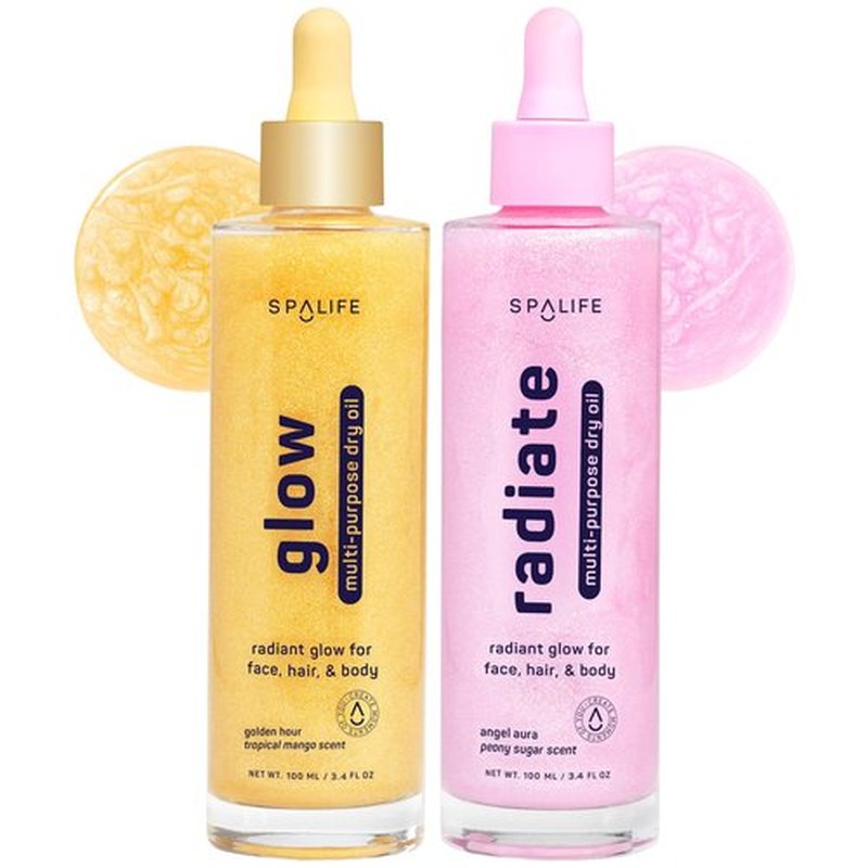 SpaLife Beauty Radiate & Glow Shimmer Oil Bundle – Dry Oil Duo with Subtle & Noticeable Shimmer – Mango & Peony Scents – Hydrating, Lightweight Moisture