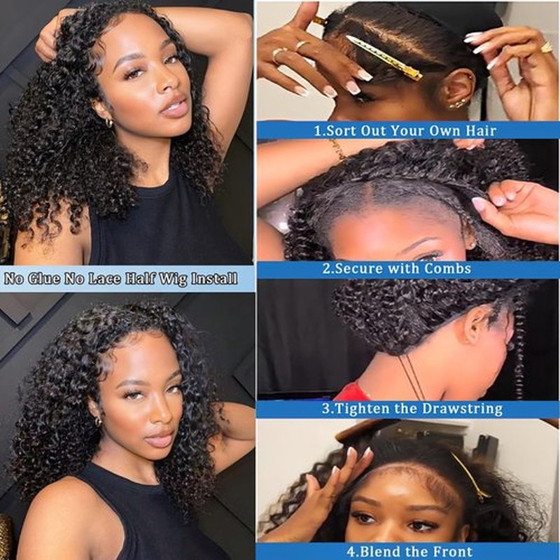 Ding Dian Kinky Curly Half Wig Human Hair 200% Density 3 IN 1 Glueless Wear and Go Half Wig Human Hair With Drawstring Seamless Clip Ins Flip Over No Glue No Lace For Women Beginner Friendly 18 Inch