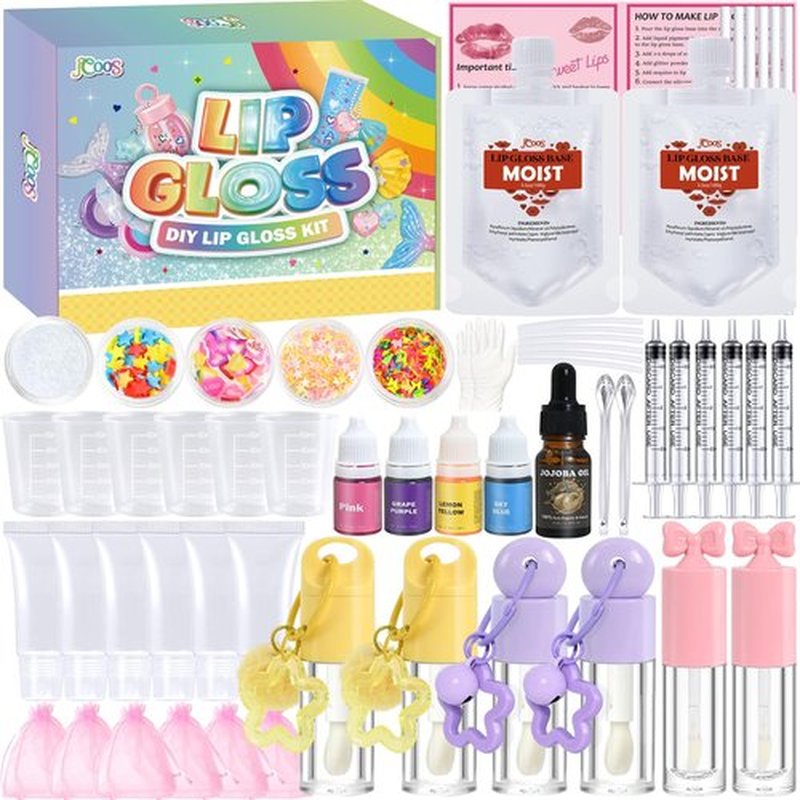 Jcoos Lip Gloss Making Kit, Lip Gloss Set for Women Lip Kit Fun DIY Lipgloss Making Kit, Make Your Own Lip Gloss Kit, Moisturizing Glitter Keychain Birthday Gifts Girls Trendy Stuff