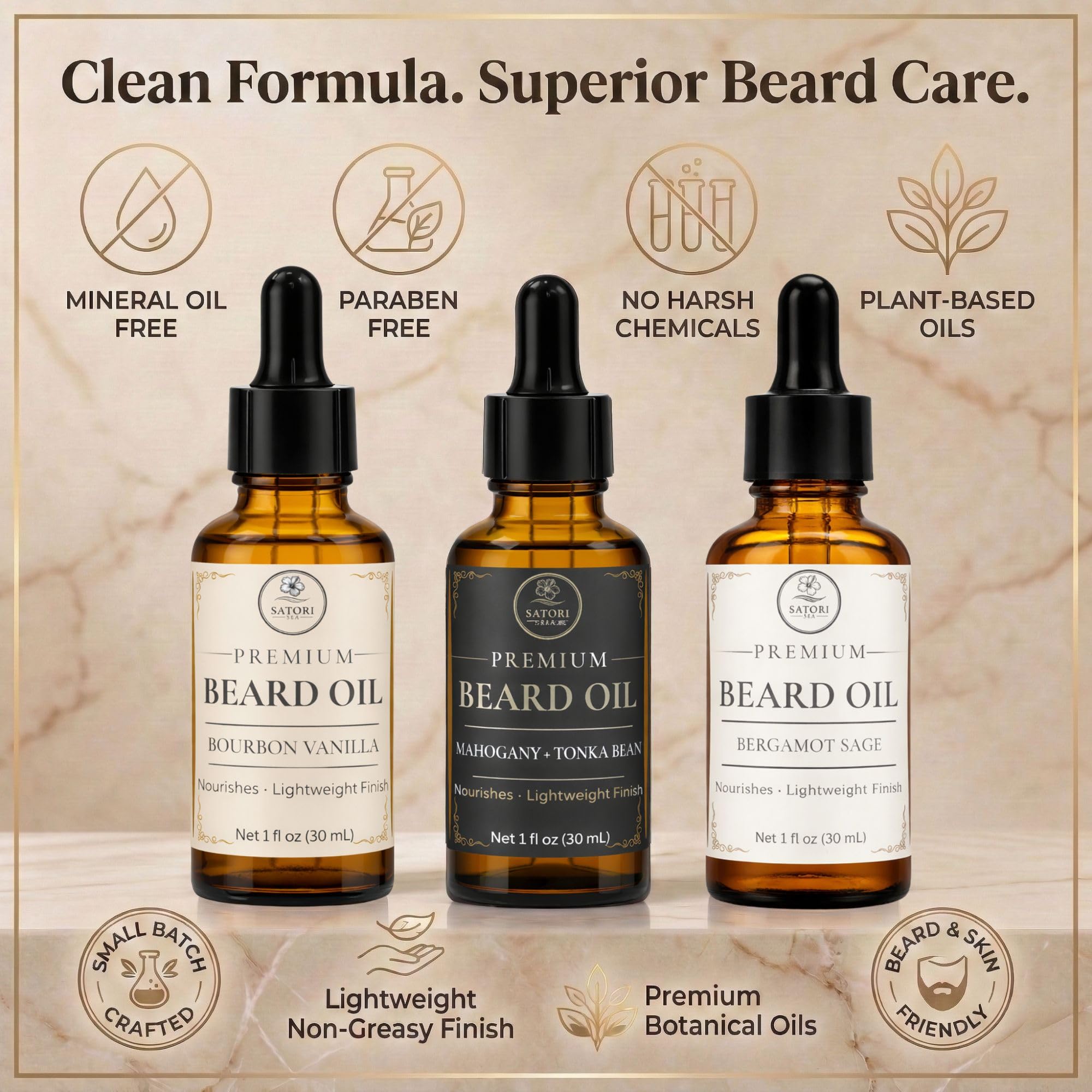 Satori Sea Beard Oil Variety Pack for Men - 3 Pack (Bourbon Vanilla, Mahogany Tonka Bean, Bergamot Sage) - Premium Beard Oil for Men - Moisturizing & Conditioning Beard Care -1 oz Bottles