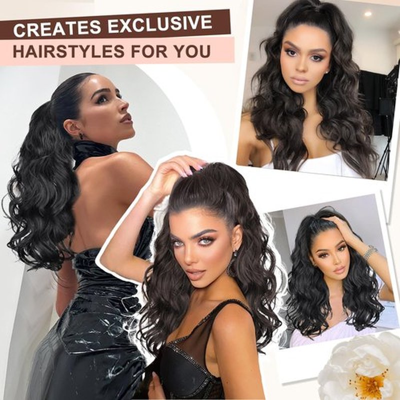 AISI BEAUTY Black Ponytail Extension, 20 inch Long Wavy Curly Claw Clip Ponytail Hair Extensions, Natural Synthetic Hairpiece for Women Daily Wear