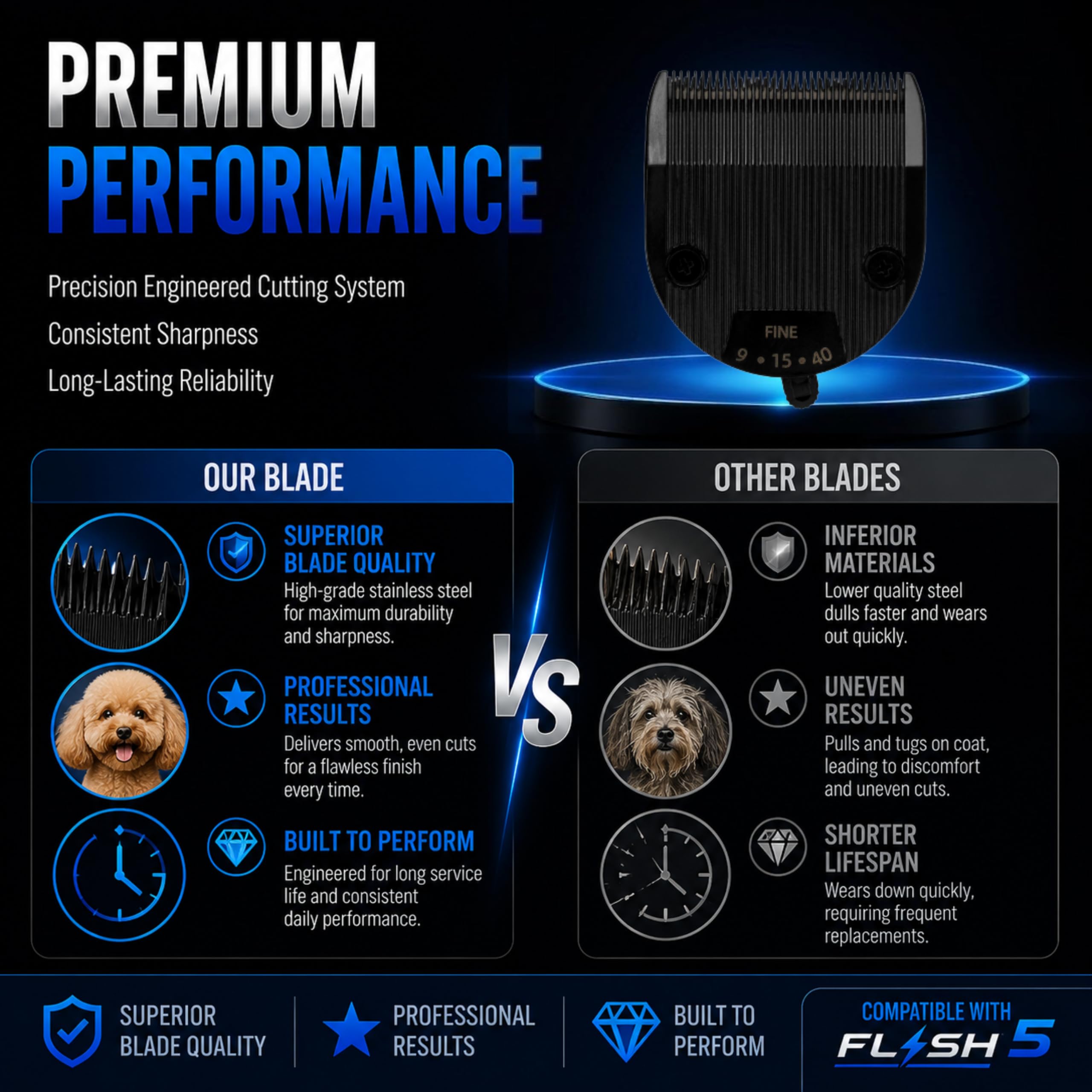 Kenchii Professional Dog Clipper Blade Flash 5 Pet Hair Clipper - Detachable Stainless Steel Blades for Dog Grooming - Hair Clippers & Accessories Pet Shaving Blades. (KEFB5-SLD)