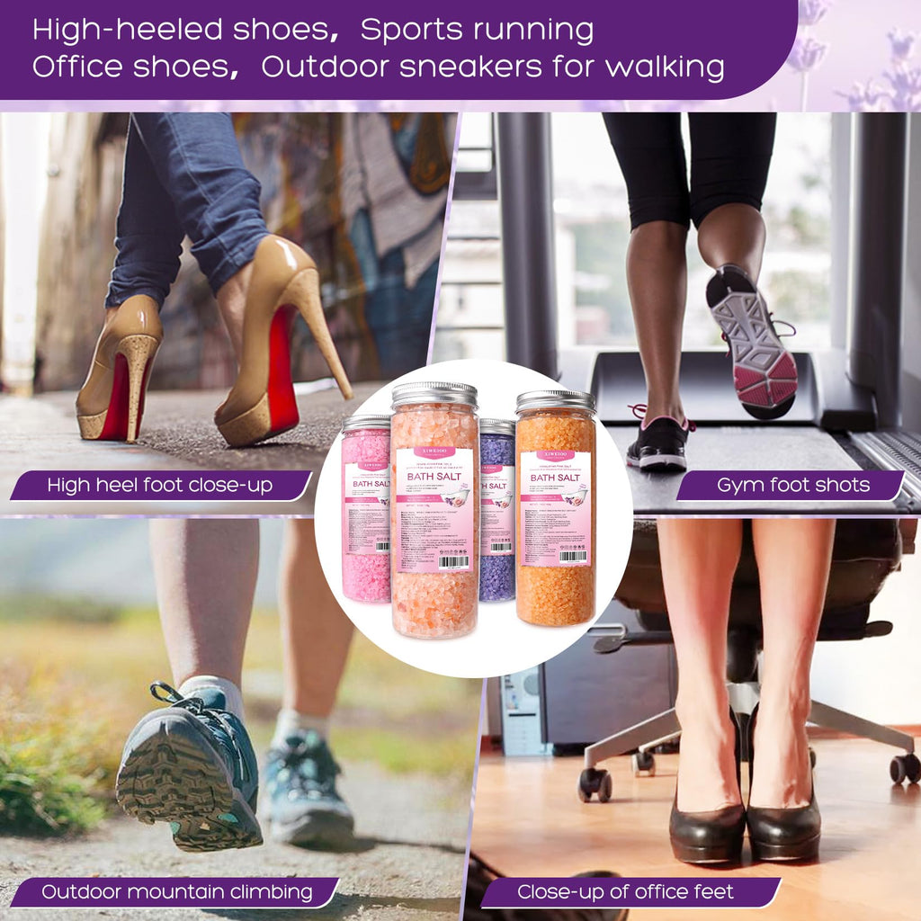 XIWEIOO Foot Soak Salts 4 Pack Kit 56 OZ Himalayan Pink Salt Lavender Orange Rose Scent Athletes Itching,Tea Tree Oil Foot Care Pedicure for Women Dead Sea Salt Moisturizing Skin Softens Calluses