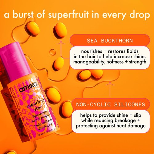 amika superfruit star lightweight hair styling + heat defense oil, 1.7oz | heat protection, strengthen + reduce breakage, smooth frizz, add glossy shine