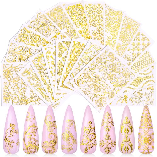 KISSBUTY Metallic Flowers & Vine Nail Decals - 20 Sheets 3D Flower Lace Adhesive Stickers - Gold Floral Nail Decor