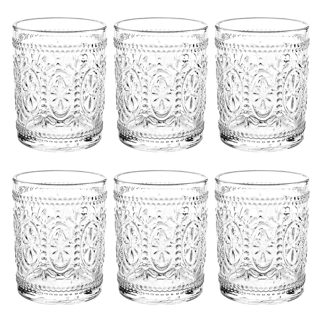 Bekith 6 Pack Drinking Glasses, 9.5 oz Romantic Water Glasses, Clear Embossed Glass Cups Vintage Glassware Set for Whisky, Juice, Beverages, Beer, Cocktail