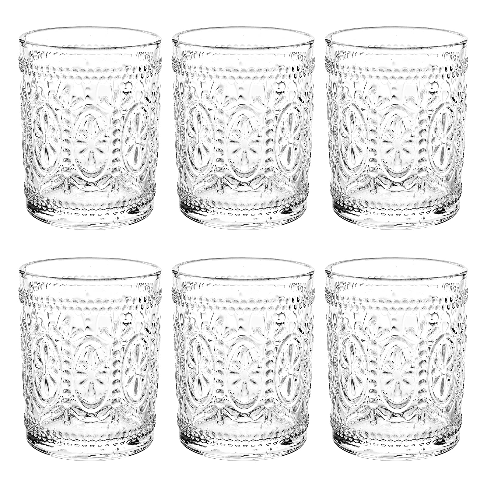 Bekith 6 Pack Drinking Glasses, 9.5 oz Romantic Water Glasses, Clear Embossed Glass Cups Vintage Glassware Set for Whisky, Juice, Beverages, Beer, Cocktail