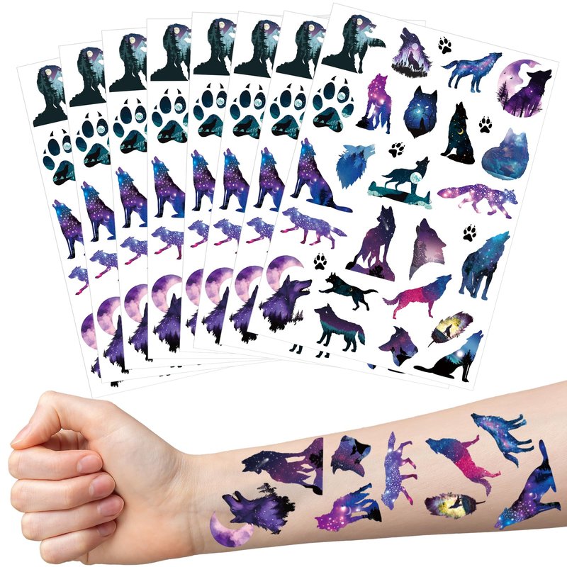 Wolf Party Temporary Tattoos - 200+ Animal Themed Tattoos Birthday Party Favors Supplies Decorations, Beautiful Starry Sky Wolves Body Art