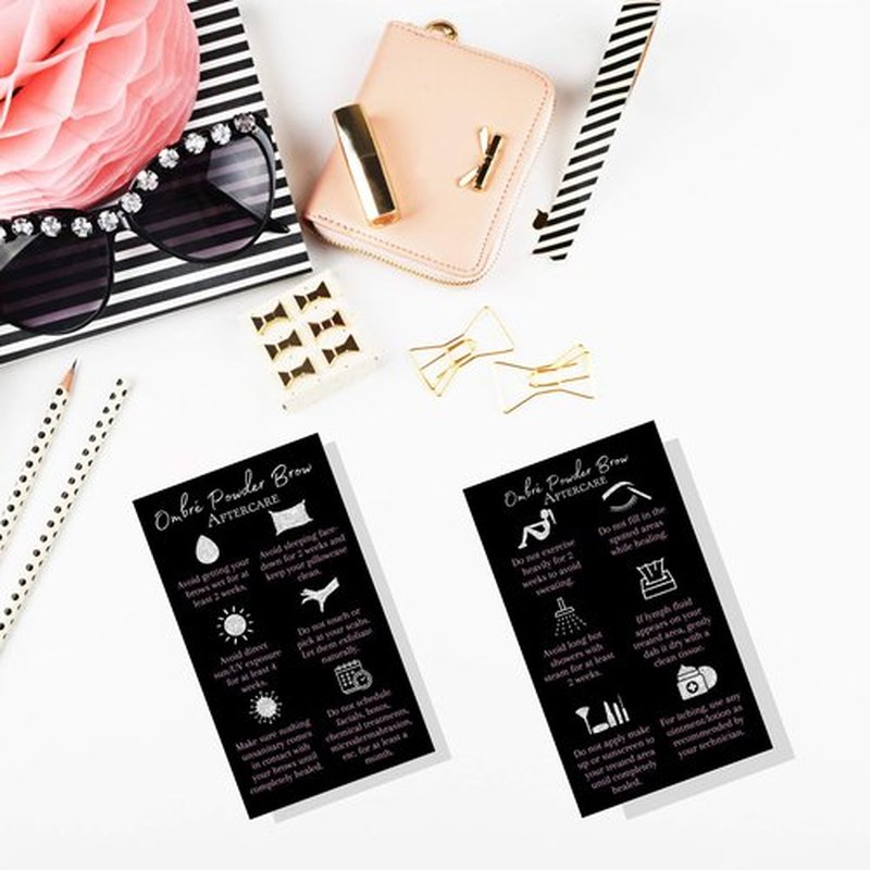 Ombre Powder Brow Aftercare Instructions Cards | Package of 50 | Size 2x3.5" inches Business Card | Black, Silver Glitter, and Light Pink Design