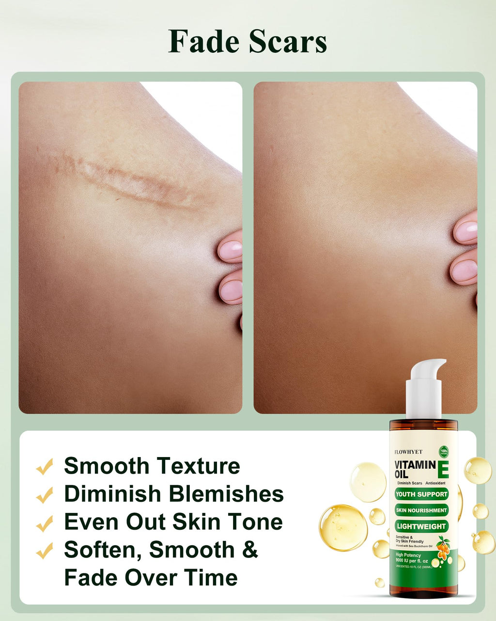 FLOWHYET 16 Floz Pure Vitamin E Oil For Scars, Organic vit e Nail Oil for Face, Skin, Body and Hair, Nourish Dry Skin, Maintain Youthful, Antioxidant, Fade Scars LIGHTWEIGHT - 500ml