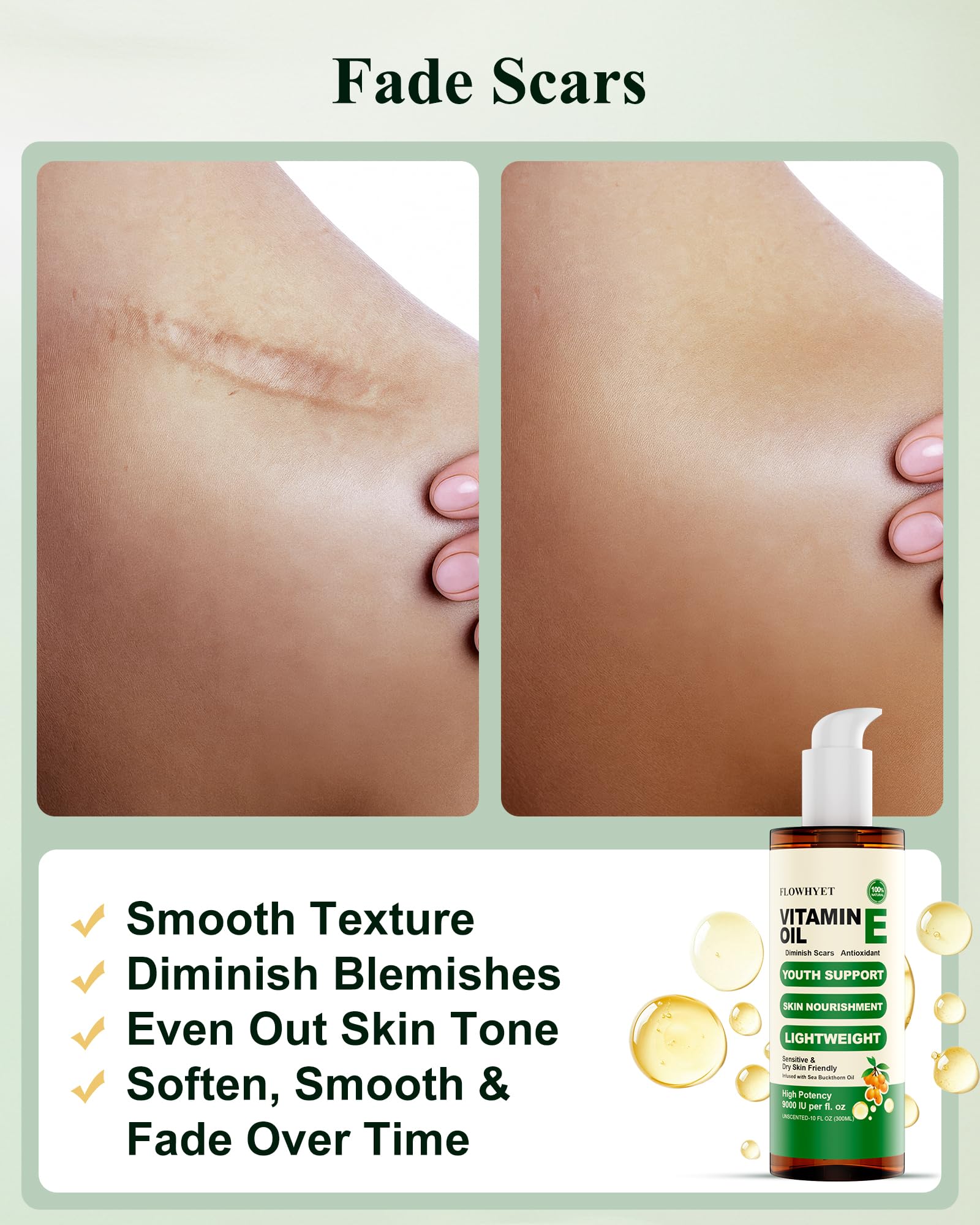 FLOWHYET 16 Floz Pure Vitamin E Oil For Scars, Organic vit e Nail Oil for Face, Skin, Body and Hair, Nourish Dry Skin, Maintain Youthful, Antioxidant, Fade Scars LIGHTWEIGHT - 500ml