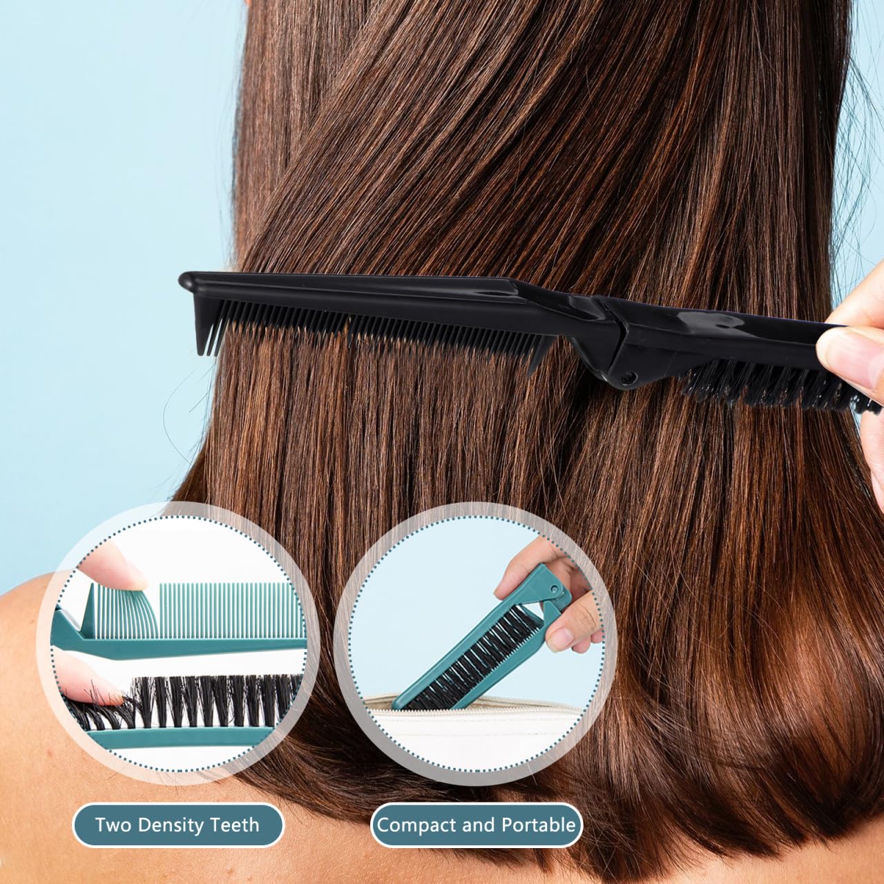 MAGICLULU 2Pcs Travel Foldable Brush, Dual Headed Folding Comb Brush with Bristles, Portable Edge Control Beard Grooming Hairbrush for Men Slick Back Women Purse Pocket Gym Hair Styling Tool