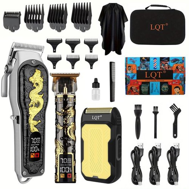 LQT Hair Clippers 3-Piece Men's Professional Cordless Haircutting Set with LED Display, Trimmer, Shaver, Beard Clipper - Gift for Man