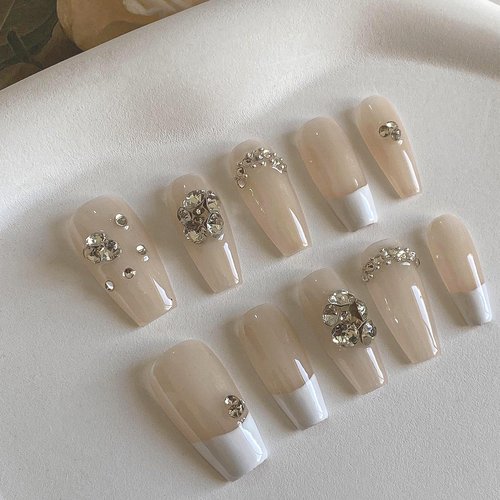 Coffin Shaped Luxury Press on Nails | Ballerina Artificial False Nails, Glossy Nude Fake Nails with 3D Diamonds, Salon Quality Reusable Nails Kit (White Valentine - Size L)
