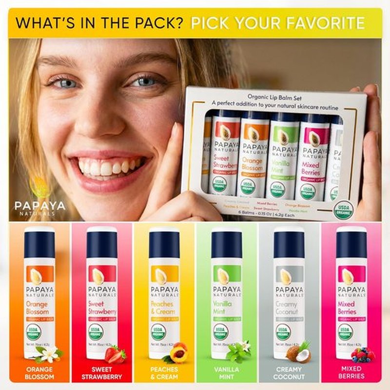Papaya Naturals Organic Lip Balm Set - 6 Pack of Beeswax, Cocoa Butter & Vitamin E for Dry Lips | Moisturizing Fruit Flavors