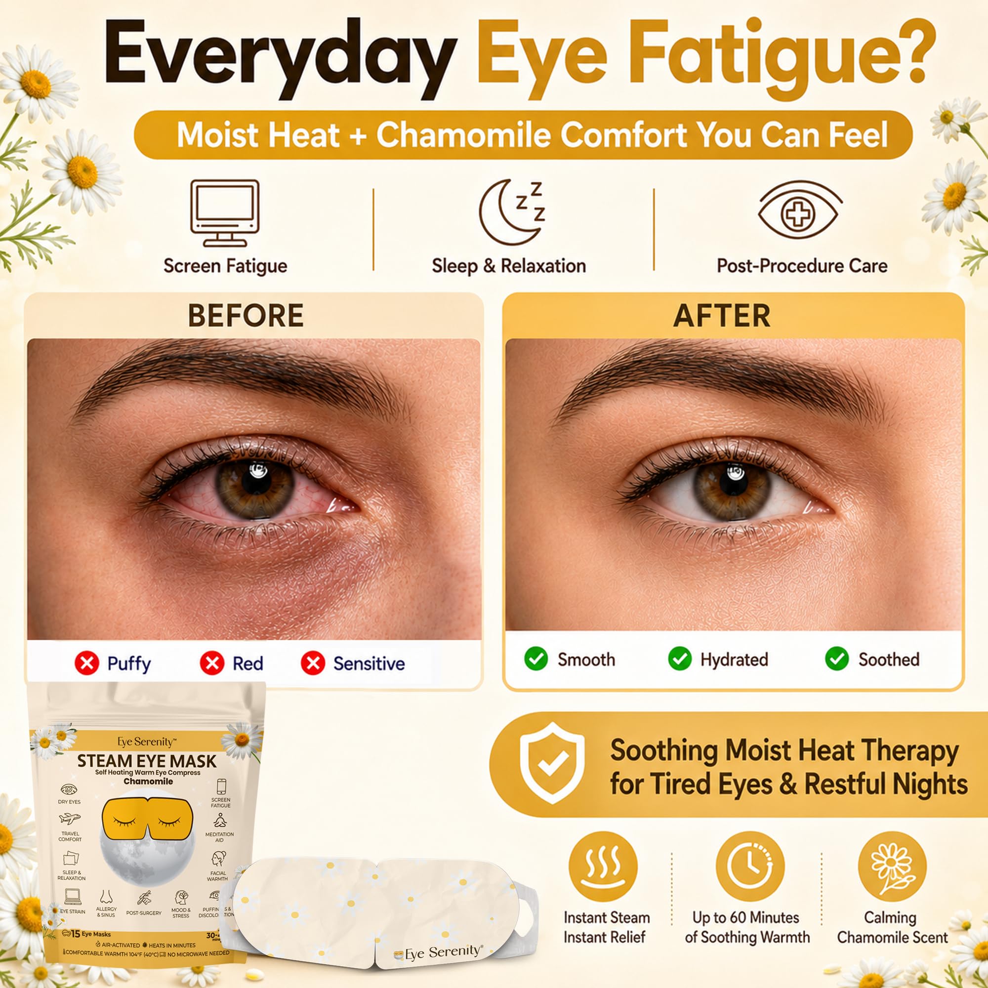 Lure Essentials Steam Eye Mask, Heated Eye Mask, Self Heating Warm Compress for Dry Eyes, Fast Relief for Stye, Puffy Sensitive Eyes, Moist Heat, Relaxation Gifts for Women and Men - Chamomile