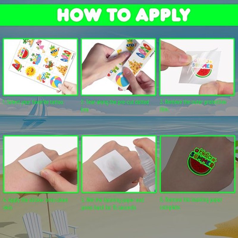 96 PCS Hello Summer Beach Pool Hawaiian Pre-Cut Luminous Glow in the dark Temporary Tattoos for Kids | Super Cute Themed Birthday Party Favors Supplies Decorations, Fake Tattoos Gifts for Boys Girls
