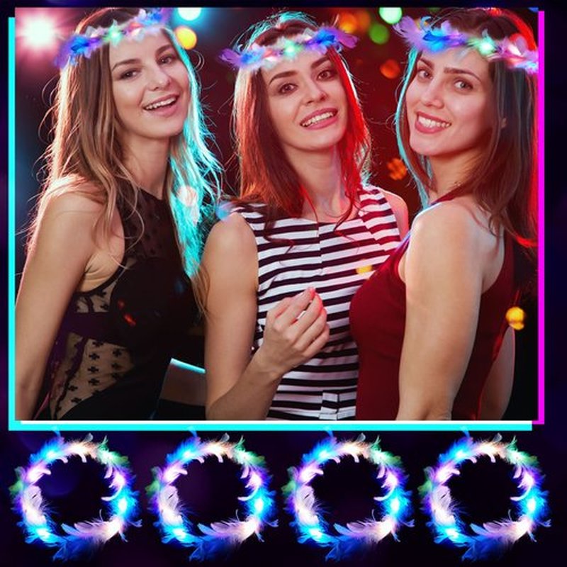Taiyin 100 Pieces LED Feather Crown Headbands Light up Wreath Headband Flower Crowns for Women Glow in The Dark Headband for Wedding Reception Mardi Gras Cosplay Party Favors (Macaron Color)