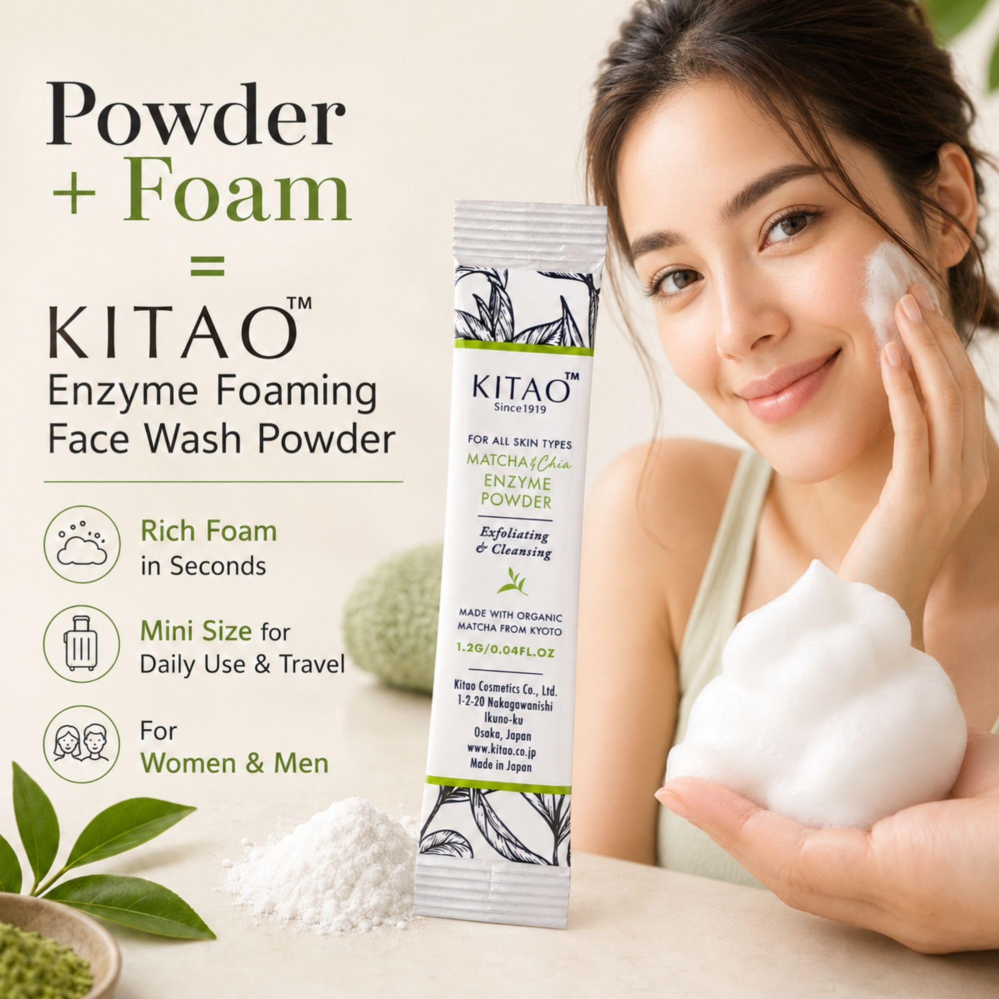 KITAO Exfoliating Enzyme Powder Face Wash for Women 30 Count, Foam Face Wash Powder Travel Size with ECOCERT Certified Matcha, Chia, Quinoa Seed& Ceramides, Foaming Facial Cleanser for Men from Japan