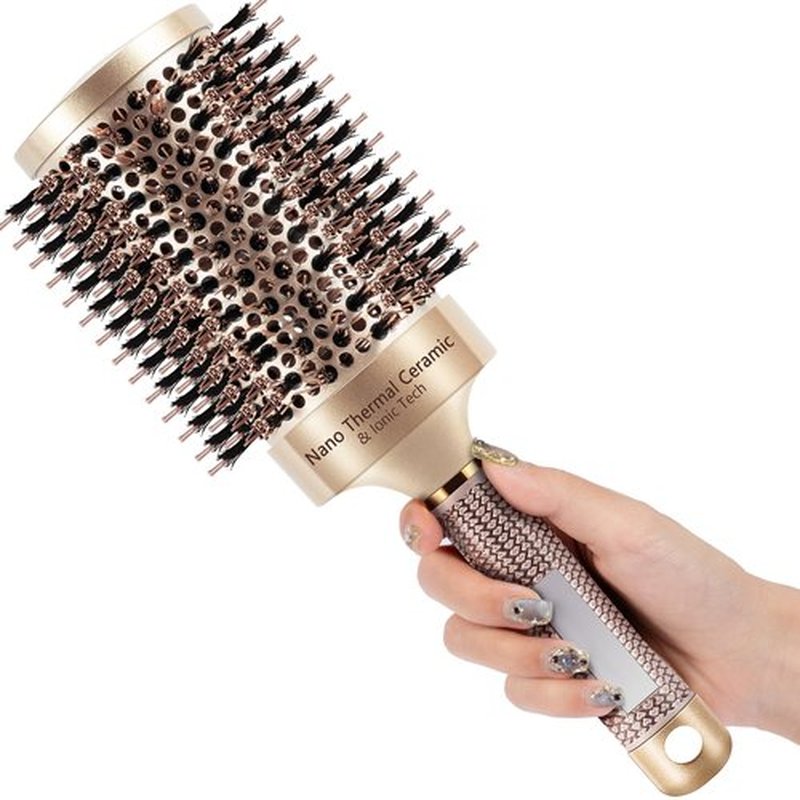 SIMPOR Large Round Brush for Blow Out, Nano Thermal Ceramic and Ionic Tech Round Barrel Hair Brush with Boar Bristles, Roller for Blow Drying (Gold, 4 inch, Barrel 2.7 Inch, 65mm)
