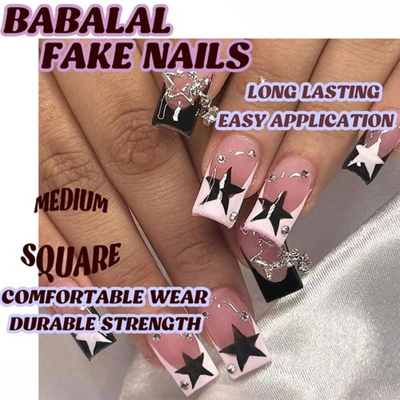 BABALAL French Tip Press on Nails Medium Square Fake Nails Black Pink Glue on 3d Star Charm 24Pcs Rhinestone Squoval Artificial Cute False Acrylic Nails for Women and Girls