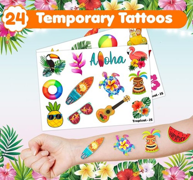 Cherisnowy 48PCS Hawaiian Party Set - 24PCS Temporary Tattoos & 24PCS Slap Bracelets - Summer-Themed Birthday Supplies, Baby Shower Gifts, Classroom Rewards & Party Decor for Kids (Boys & Girls)