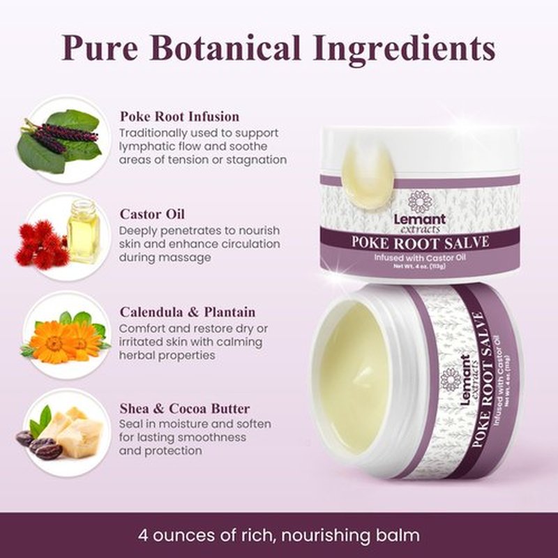 Lemant Organic Poke Root and Castor Oil Salve (4 oz) - Herbal Poke Root Salve infused with Castor Oil, Calendula, Plantain, Red Clover, Boswellia, Shea Butter, and Lavender